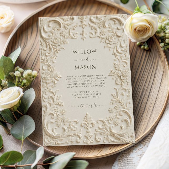 Convites Elegância Barroca Casamento Script Marfim (Baroque Elegance Ivory Script Wedding Invitation)