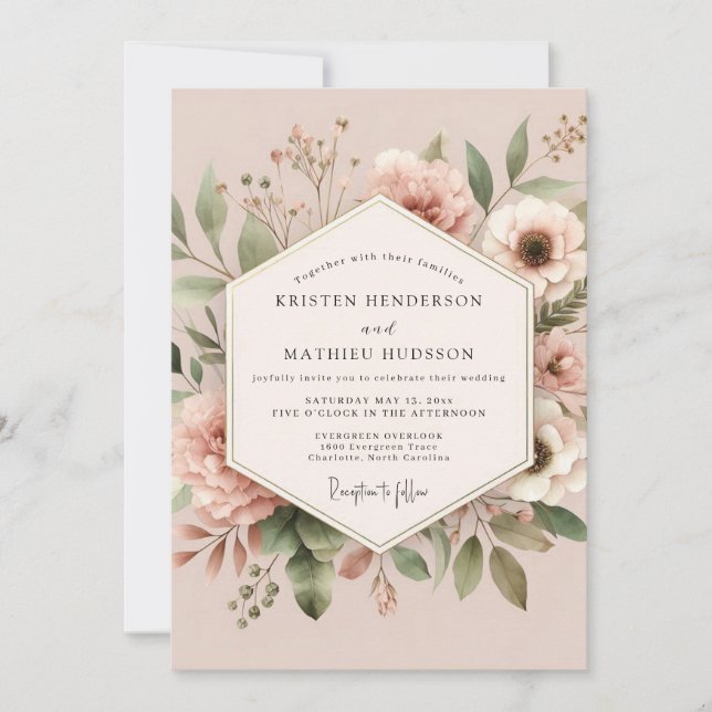 Convites Elegância Botânica Rosa Coral Casamento (Frente)