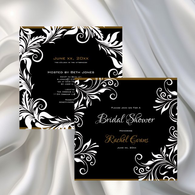 Convites Elegância - chá de panela 5,25" x 5,25" (Gold and Black Elegant Bridal Shower Invitation)