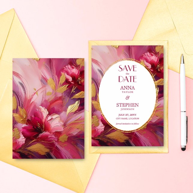 Convites Elegância Contemporânea: Data de Guarda Rosa Fúcsi (Contemporary Elegance: Fuchsia Pink and Gold Save the Date)