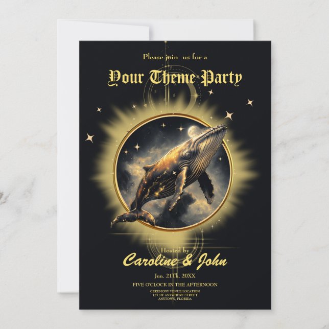 Convites elegância cósmica, o ouro, baleia negra (Frente)