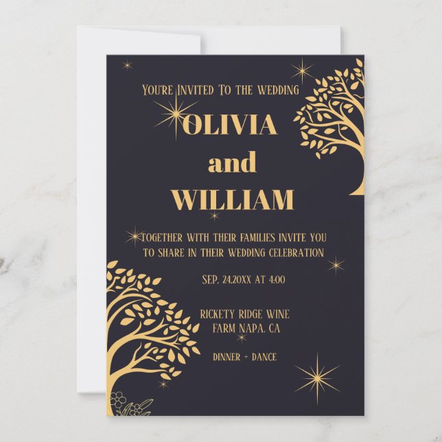 Convites "Elegância da meia-noite: Casamento Azul Escuro (Frente)