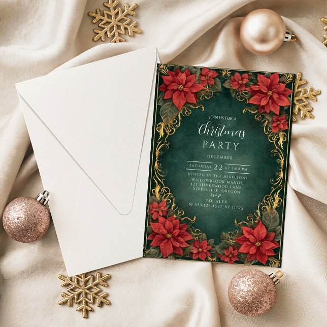 Convites Elegância de Poinsettia Dourada de Natal (Criador carregado)