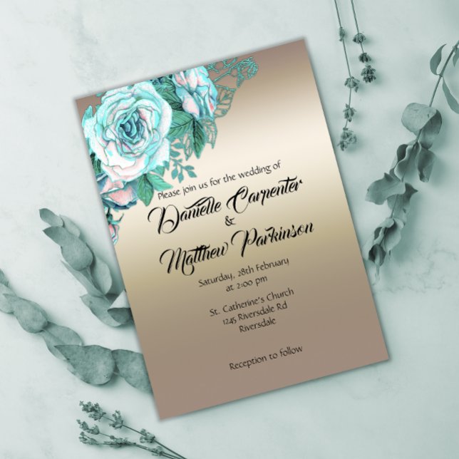 Convites Elegância de Rosa Aqua em Casamento Dourado (Criador carregado)