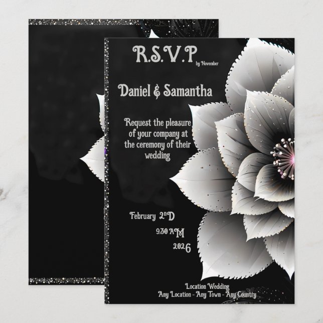 Convites Elegância do eterno: Casamento do Flor Negro e Sil (Frente/Verso)