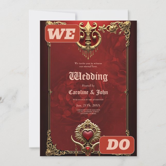 Convites Elegância em brilho vermelho com um coração orname (Frente)