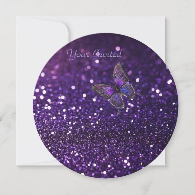 Convites Elegância Encantadora: A Borboleta Roxa Sparkle (Frente)