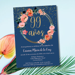 Convites Elegância Espanhola Chic Azul Rosa 99º Aniversário