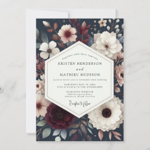 Convites Elegância Floral Azul Marinho para Casamento