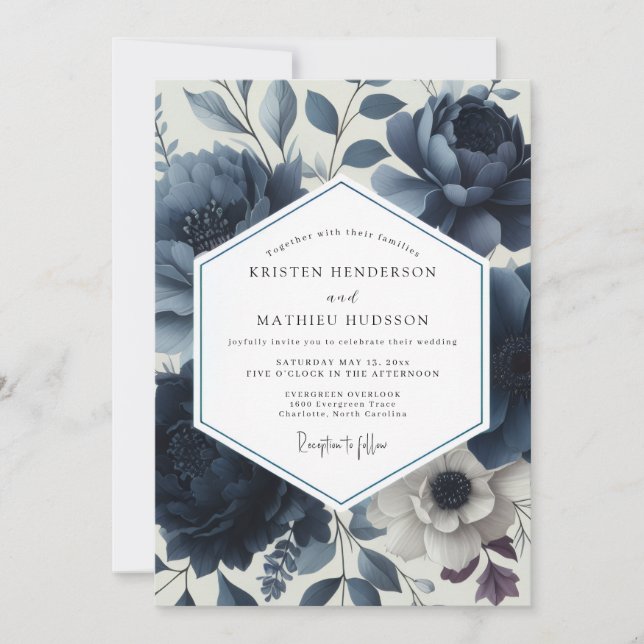 Convites Elegância Floral Azul Profundo Casamento (Frente)
