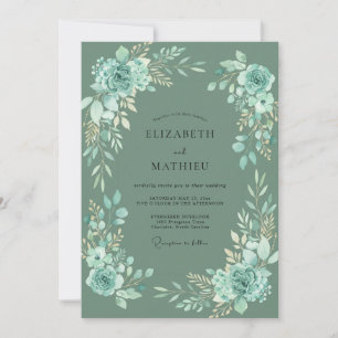 Convites Elegância Floral Botânica em Verde Azul Casamento