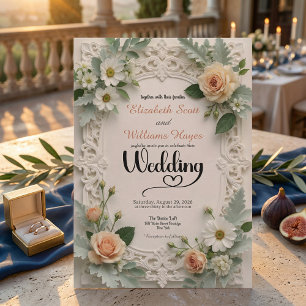 Convites Elegância Floral com Relevo Falso para Casamento d