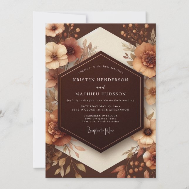 Convites Elegância Floral Marrom Terrosa para Casamento (Frente)