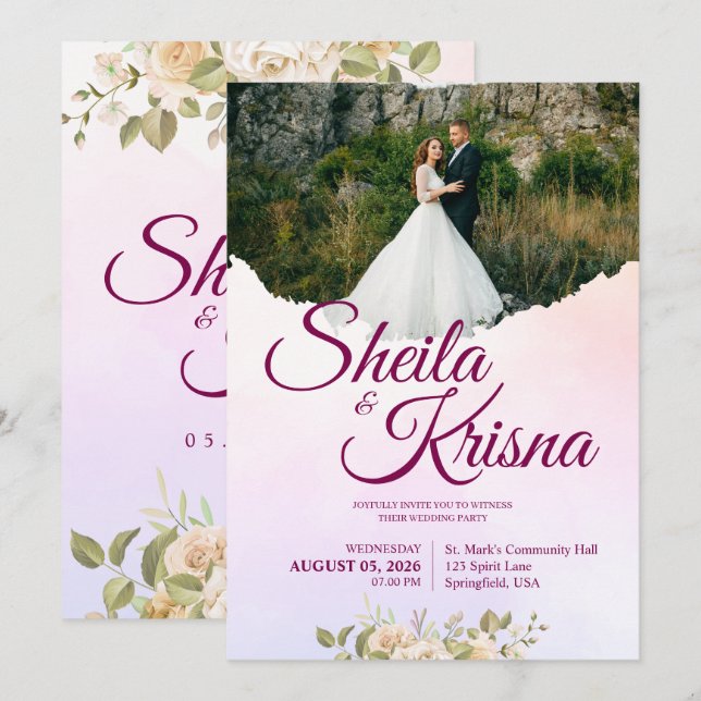 Convites Elegância Floral Roxa e Rosa Casamento com Foto (Frente/Verso)