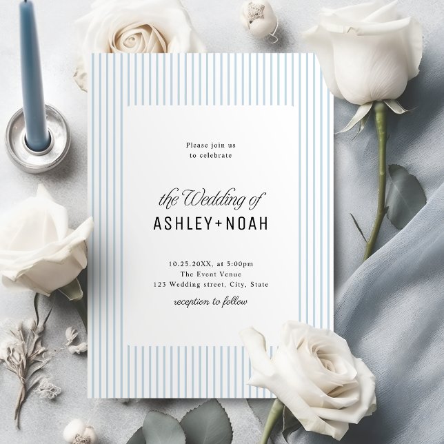 Convites Elegância Listrada Azul Empoeirada Casamento Cláss (Dusty Blue Striped Elegance Classy Wedding Invitation)