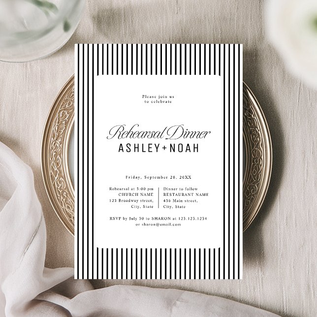 Convites Elegância Listrada Preta Jantar de Ensaios com Cla (Black Striped Elegance Classy Rehearsal Dinner Invitation)