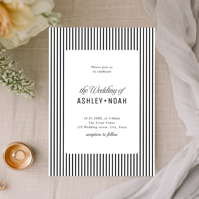 Convites Elegância Listrada Preto e Branco Casamento Clássi (Black And White Striped Elegance Classy Wedding Invitation)