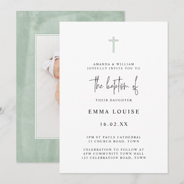 Convites Elegância Minimalista Foto Batismo em Aquarela Ver (Frente/Verso)