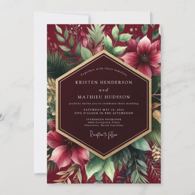 Convites Elegância no Casamento com Florada Borgonha (Frente)