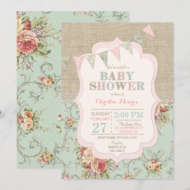 Convites Elegância Rústica Floral em Renda e Burlap Desgast (Frente/Verso)