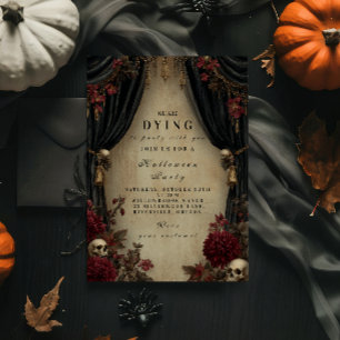 Convites Elegância Sombria Crânio e Cortina de Halloween