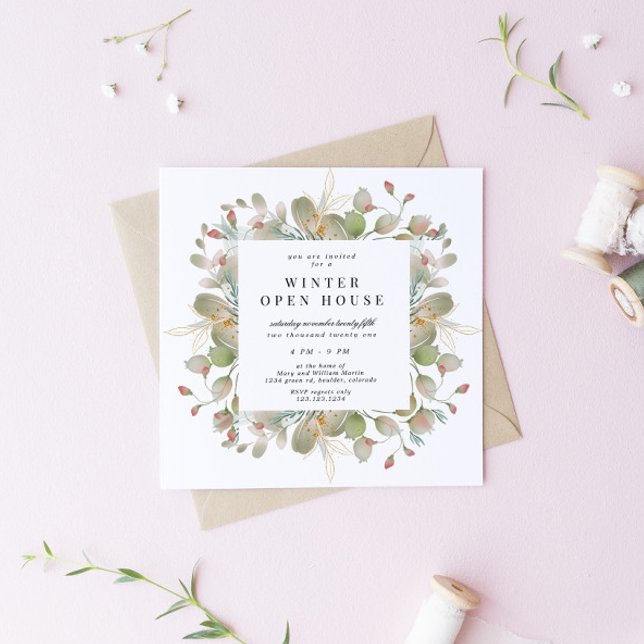 Convites Elegância Verde Invernal Quadrado Aberto Casa (Criador carregado)