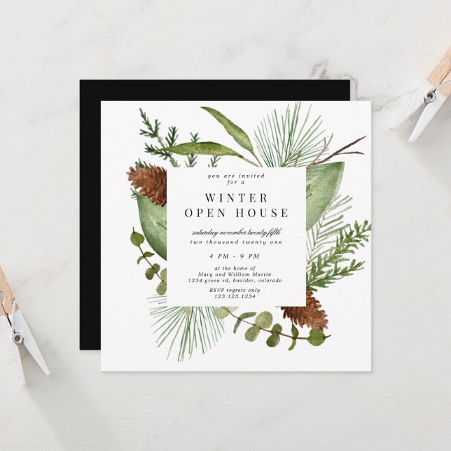 Convites Elegância Verde Invernal Quadrado Casa Aberta (Frente/Verso In Situ)