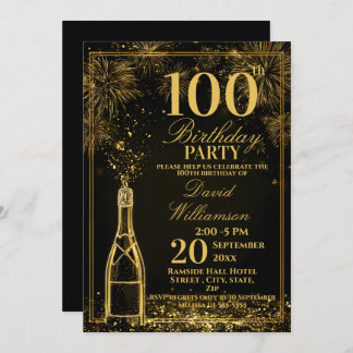 Convites Elegant 100th Birthday Gold Bottle Fizz