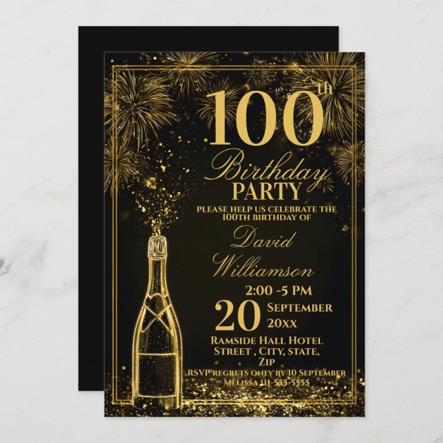 Convites Elegant 100th Birthday Gold Bottle Fizz (Frente/Verso)
