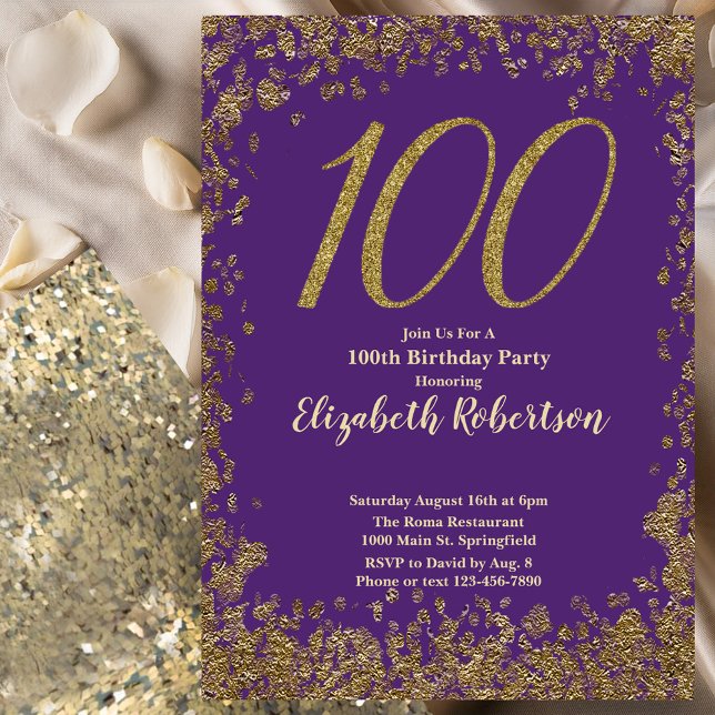 Convites Elegant 100th Purple Birthday Invitation Gold  (Criador carregado)