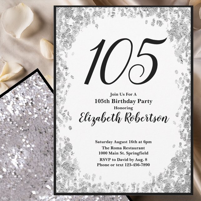 Convites Elegant 105th Birthday Invitation Silver and Black (Criador carregado)