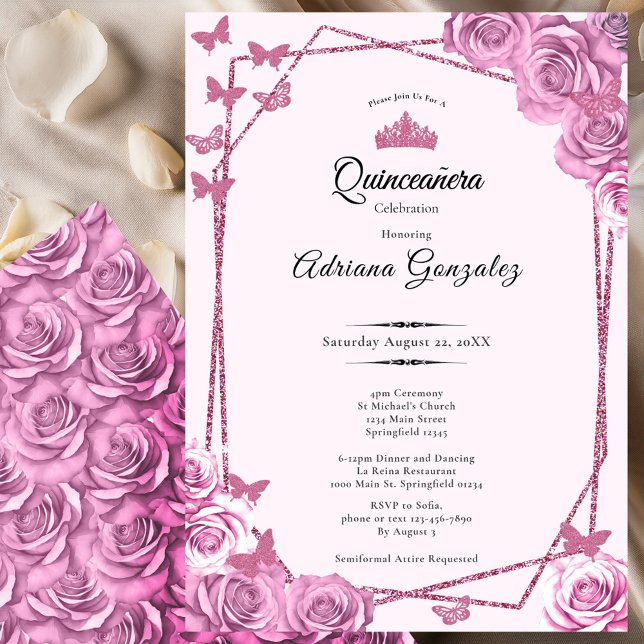 Convites Elegant 15th birthday pink roses Quinceanera (Criador carregado)