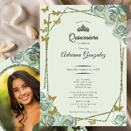 Convites Elegant 15th birthday sage green gold Quinceanera