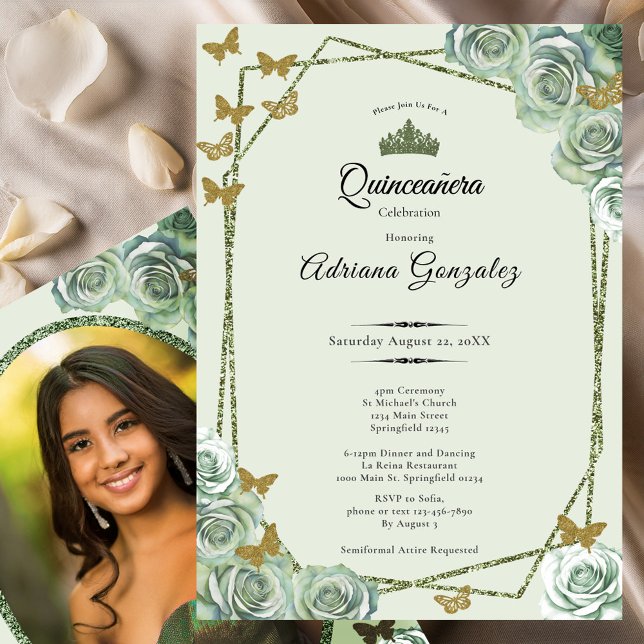 Convites Elegant 15th birthday sage green gold Quinceanera (Criador carregado)