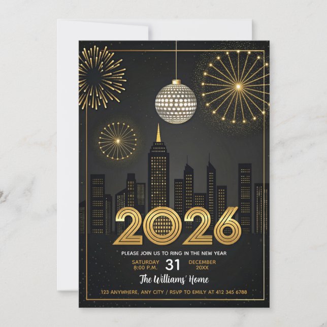 Convites Elegant 2026 New Year's Eve -  Party Gold Glitter  (Frente)