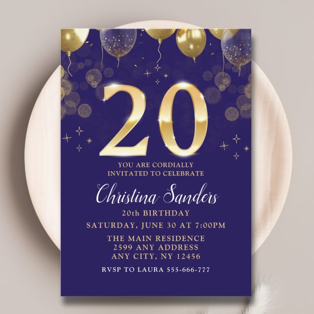 Convites Elegant 20th Birthday Invitation with Gold Ballons (Criador carregado)