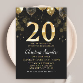Convites Elegant 20th Birthday Invitation with Gold Ballons