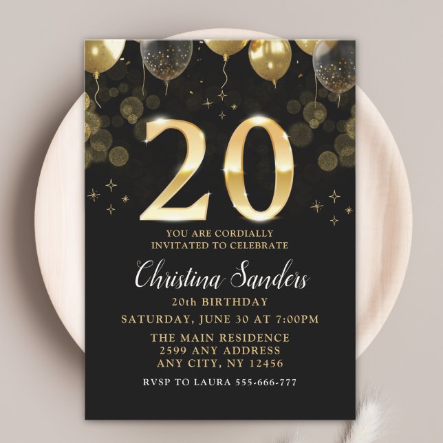 Convites Elegant 20th Birthday Invitation with Gold Ballons (Criador carregado)