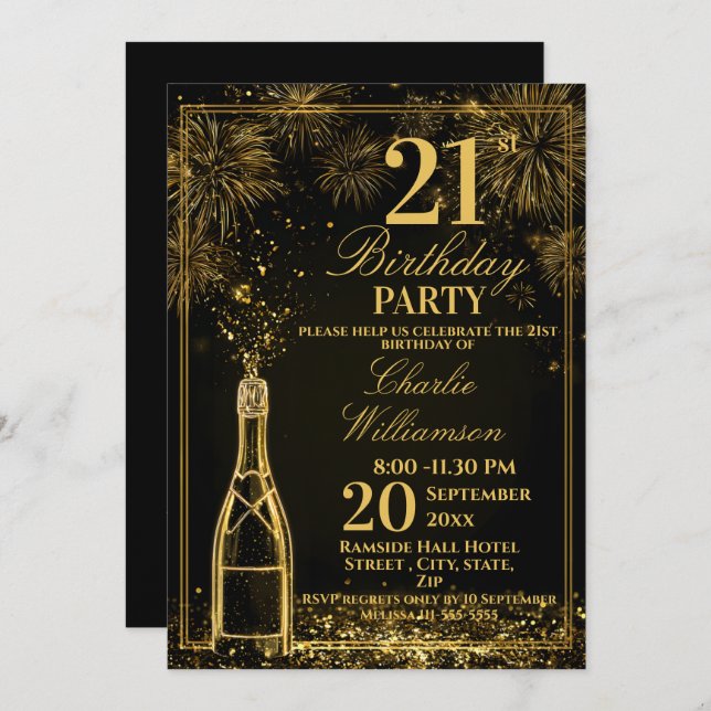 Convites Elegant 21st Birthday Gold Bottle Fizz (Frente/Verso)