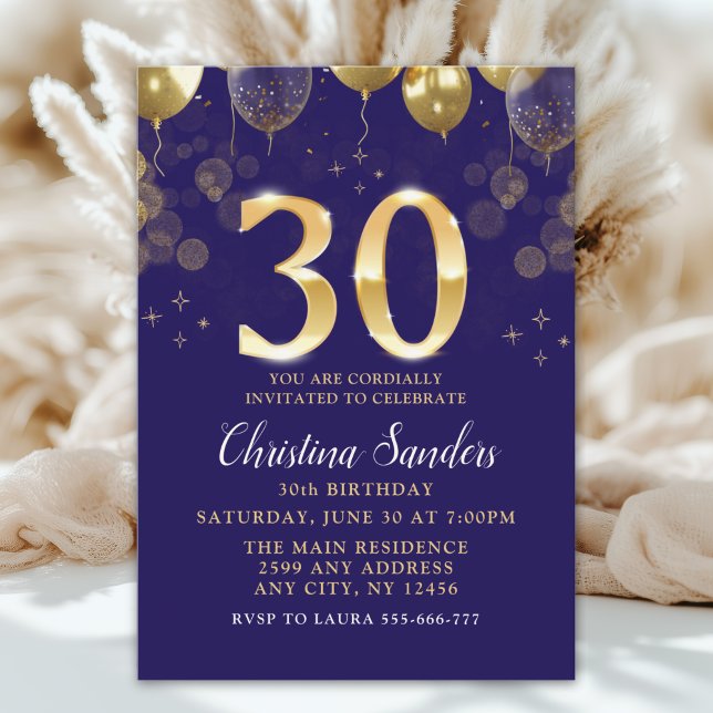 Convites Elegant 30th Birthday Invitation with Gold Ballons (Criador carregado)