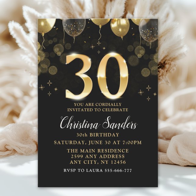 Convites Elegant 30th Birthday Invitation with Gold Ballons (Criador carregado)