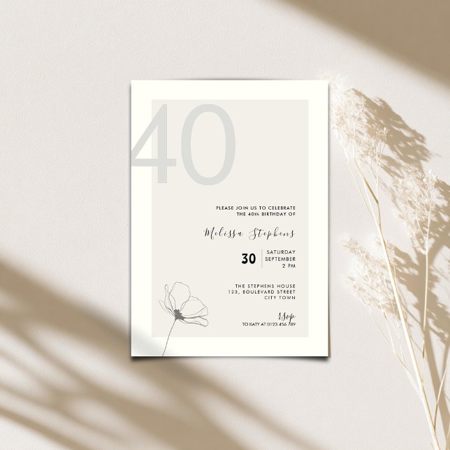 Convites Elegant 40th Birthday Invitation - Minimal Style (Elegant 40th birthday invitation for woman with hand drawn flower.)