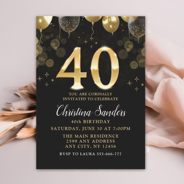 Convites Elegant 40th Birthday Invitation with Gold Ballons (Criador carregado)