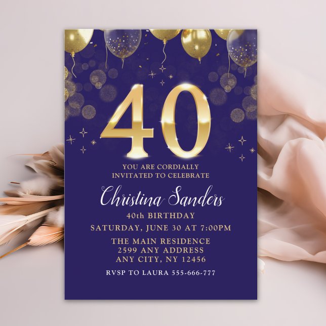 Convites Elegant 40th Birthday Invitation with Gold Ballons (Criador carregado)