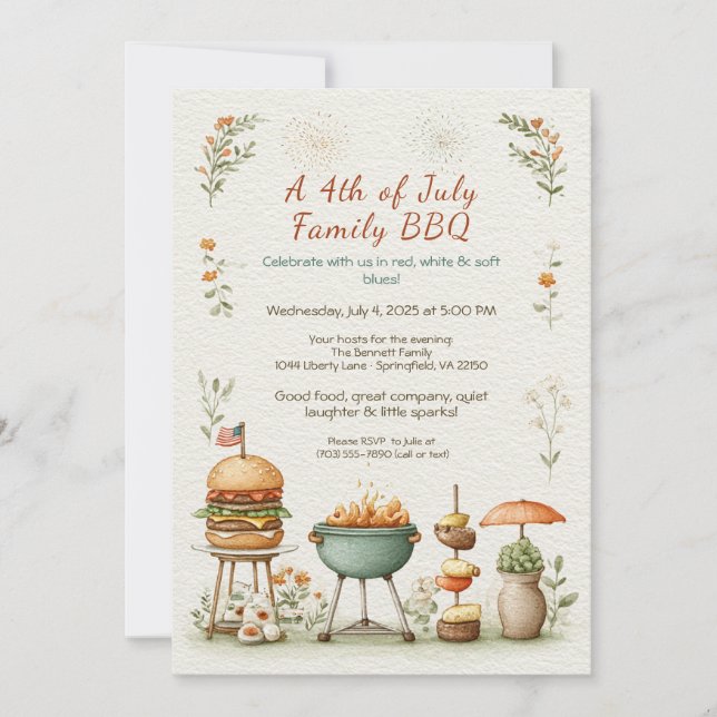 Convites Elegant 4th of July BBQ Invitation – Soft Line Art (Frente)