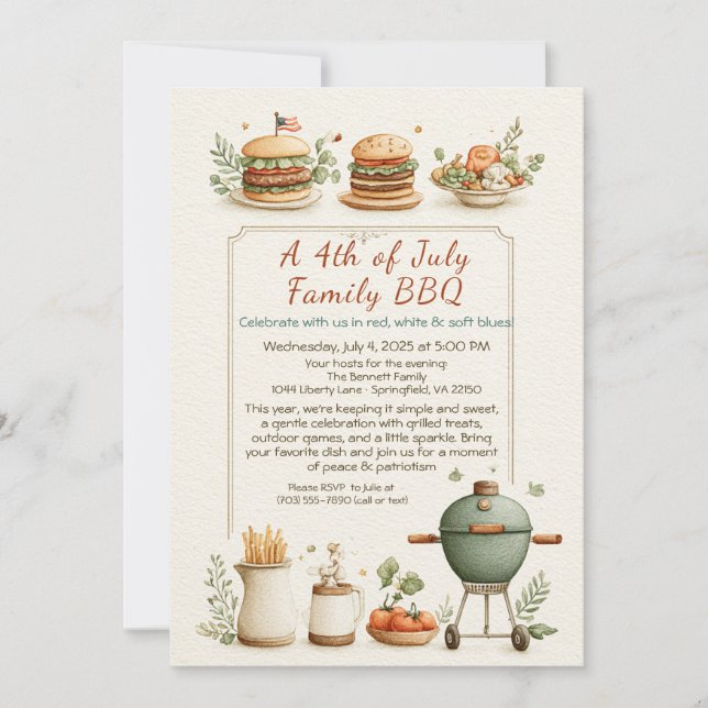 Convites Elegant 4th of July BBQ Invitation – Soft Line Art (Frente)