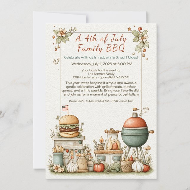 Convites Elegant 4th of July BBQ Invitation – Soft Line Art (Frente)