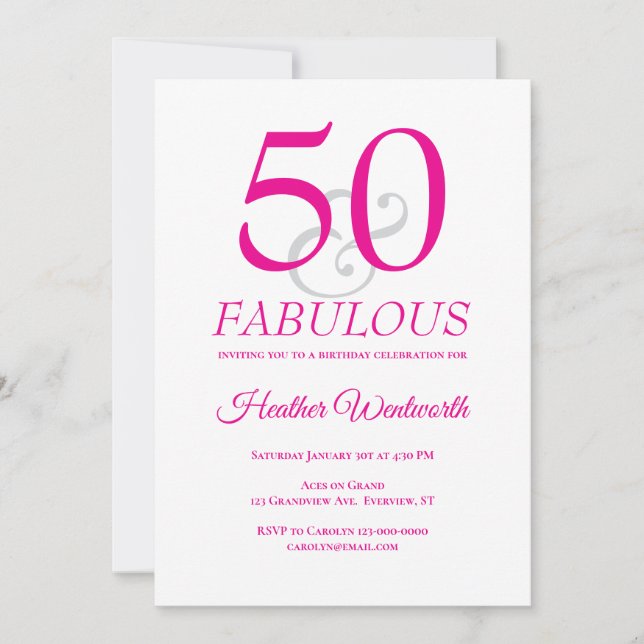 Convites Elegant 50 and Fabulous 50th Birthday Pink (Frente)