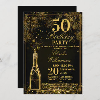 Convites Elegant 50th Birthday Gold Bottle Fizz