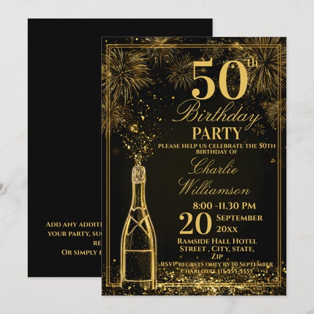 Convites Elegant 50th Birthday Gold Bottle Fizz (Frente/Verso)